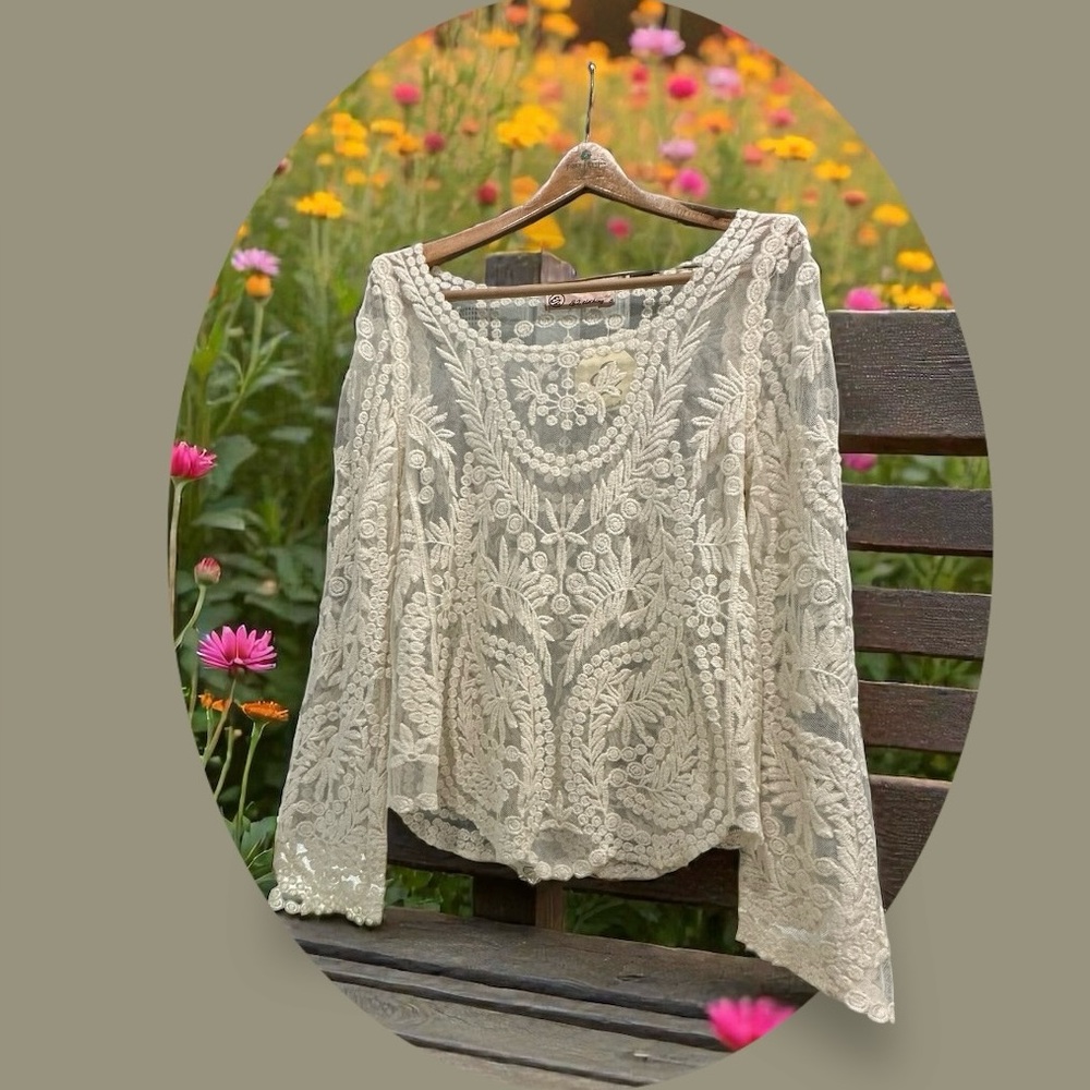 E2 Clothing Mesh/Lace Long Sleeve Layering Top. Size: Small. Ivory